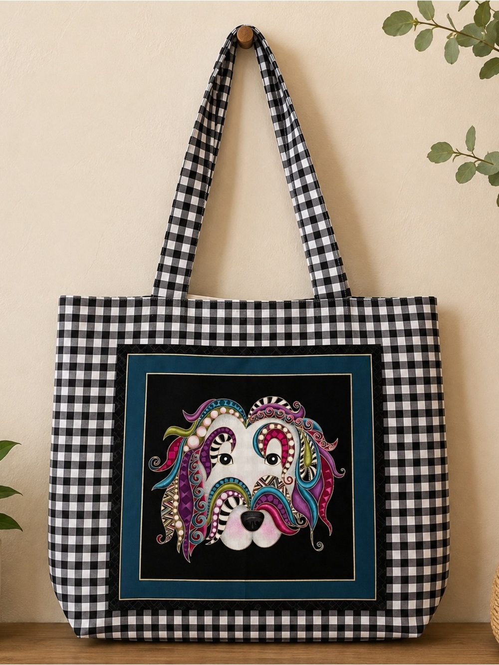 Handmade Dog Lover Tote Bag Gingham Paisley Cottagecore Large 16x18